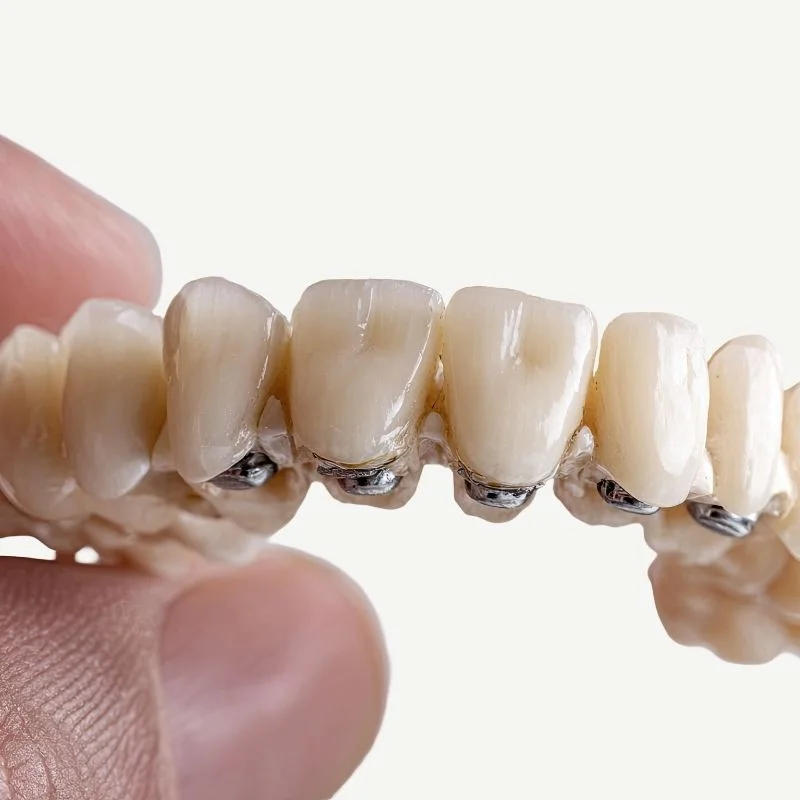 Close-up of person holding dental bridge prosthetic used to replace missing teeth at Fairmont Dental Centre London Ontario
