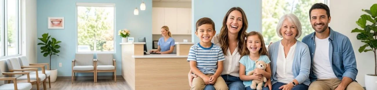 Family Dentistry Care at Fairmont Dental Centre Happy family sitting in dental clinic reception during family dentistry visit at Fairmont Dental Centre in London Ontario